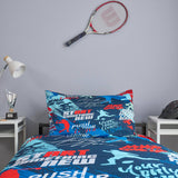 Sports-themed bedding set with a racket on a gray wall