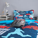 Kids sports bedding set styled with sports gear and bicycle helmet