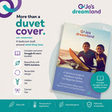Promotional graphic for Jo's Dreamland duvet cover, showing the product package and feature icons on a light background with teal and purple branding.