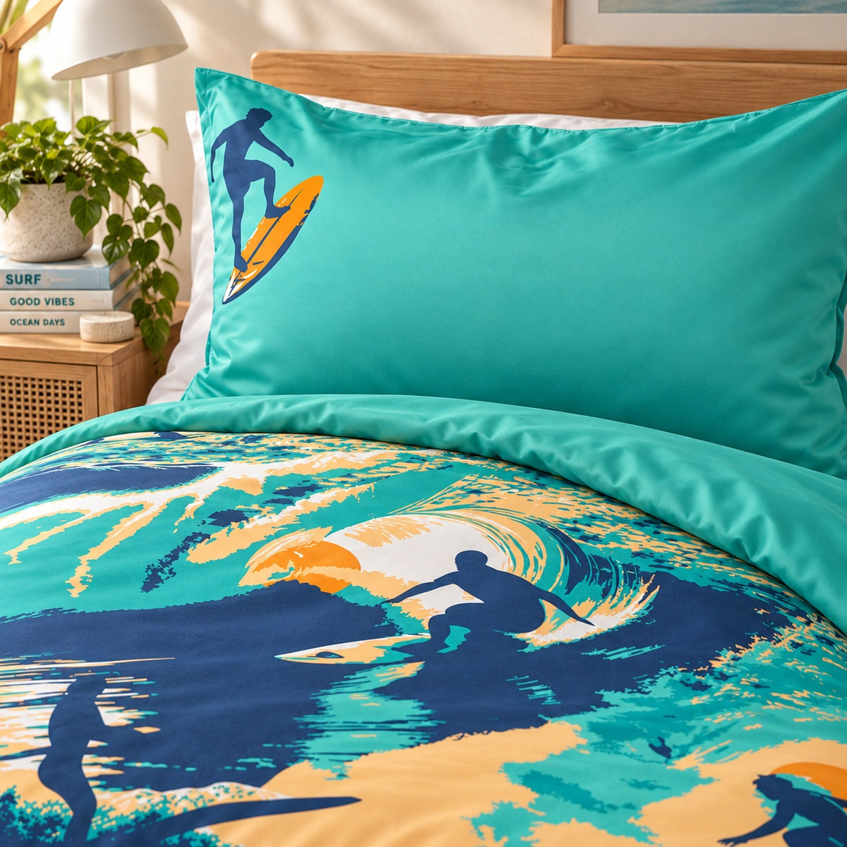 A bed styled with a tea and navy surf-themed bedding set, featuring a large printed pillowcase with a surfer silhouette and a duvet cover with a matching wave pattern in teal, navy, yellow, and white.