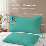 A teal pillowcase shown on a bed with dimension labels indicating 70 cm width and 45 cm height, plus text noting a concealed zip closure and reverse side. A second pillowcase is shown in front, and a larger pillowcase displays a small surfer graphic.