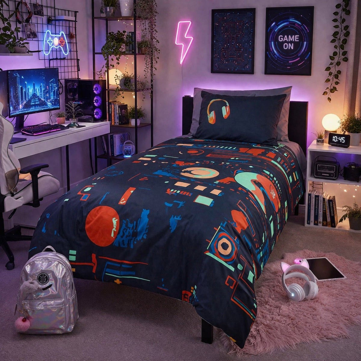 Gaming room with colorful technology themed bedding, desk, and neon lights