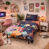 Room with colorful tech themed bedding, desk, and decor elements