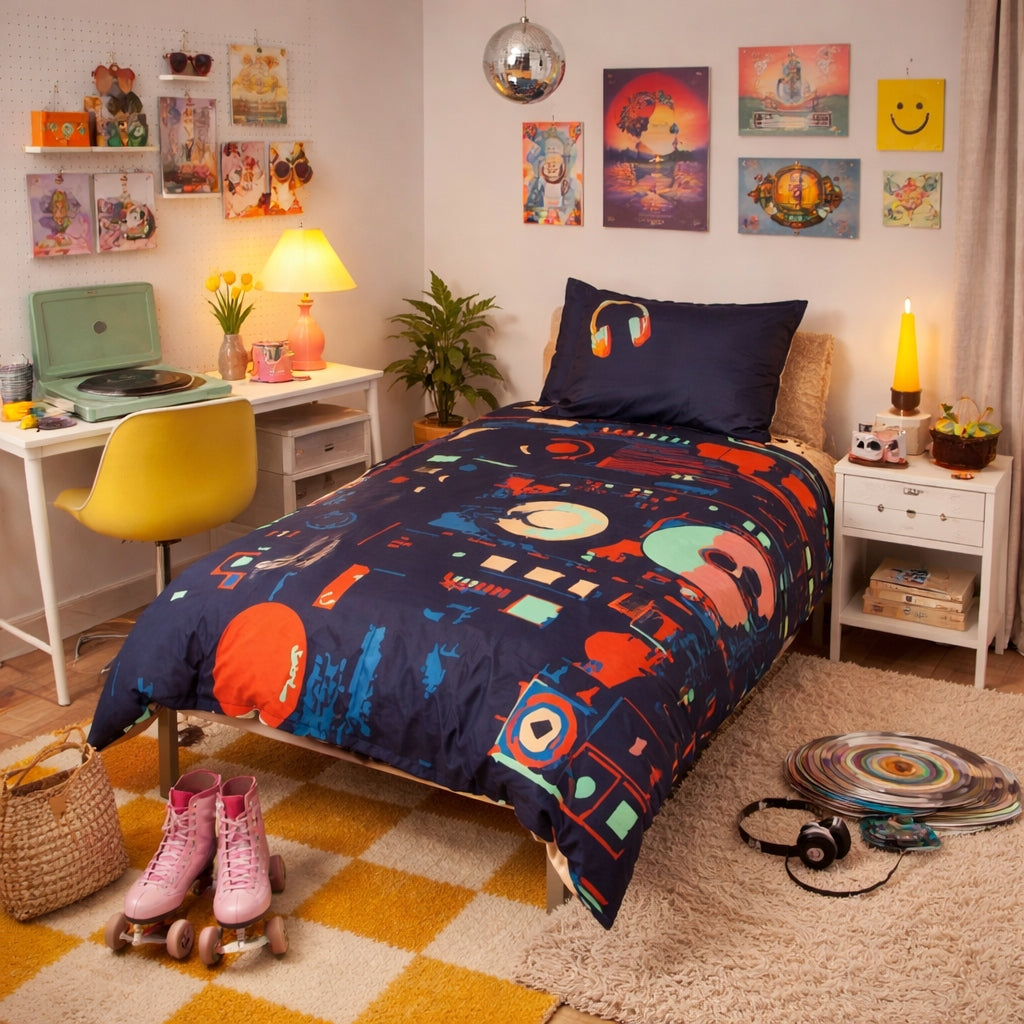 Kids room styled with a 400 thread count organic cotton technology theme duvet cover