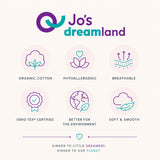 A promotional graphic for Jo's Dreamland featuring six feature icons and text on a light cream background: organic cotton, hypoallergenic, breathable, OEKO-TEX certified, better for the environment, and soft & smooth. The Jo's dreamland logo appears at the top in purple and teal.