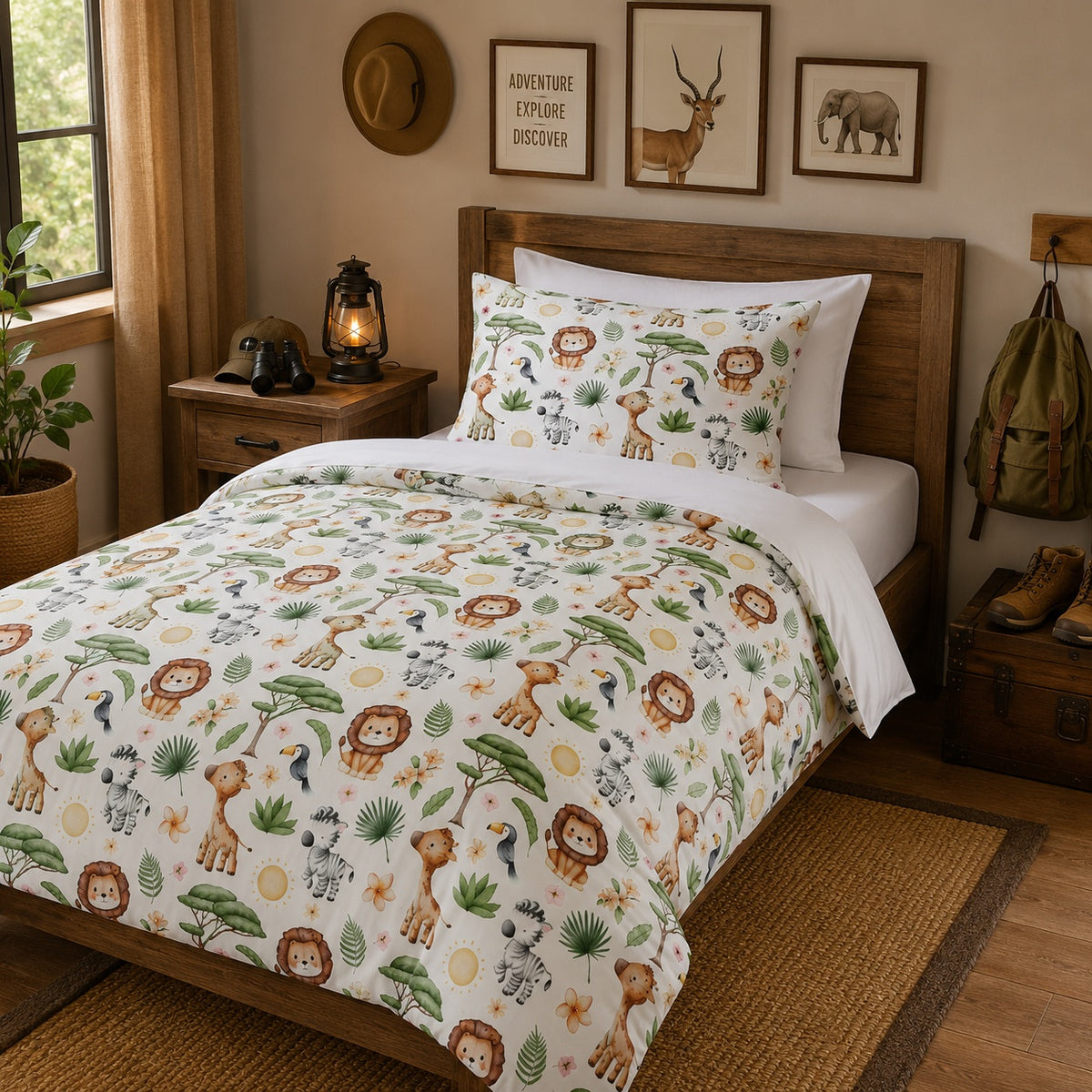 A bed dressed in a safari-themed kids bedding set with a duvet cover and pillowcase, featuring illustrated lions, giraffes, zebras, palm trees, and birds on a cream background. The bed is styled in a rustic bedroom with a wooden headboard, bedside lamp, framed wall art, and a backpack on a trunk.