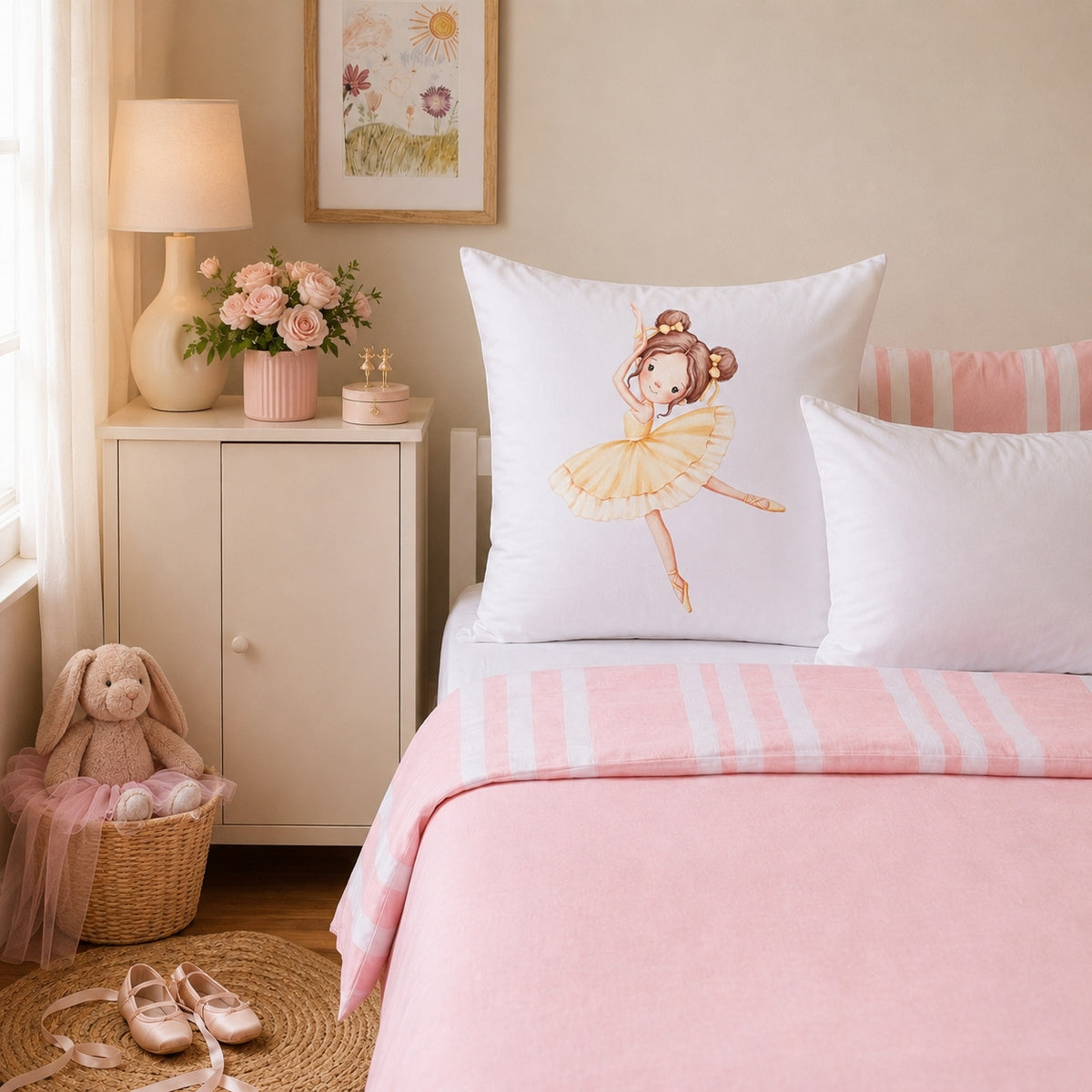 A styled bedroom scene with a bed dressed in pink bedding and striped pillows, featuring a white continental pillow printed with a watercolor ballerina illustration. A small nightstand, lamp, flowers, bunny plush, basket, and ballet shoes are visible in the room.